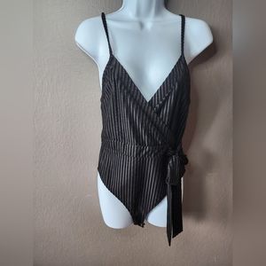 Forever 21 Black Velvet & Sheer Bodysuit Snap Closure